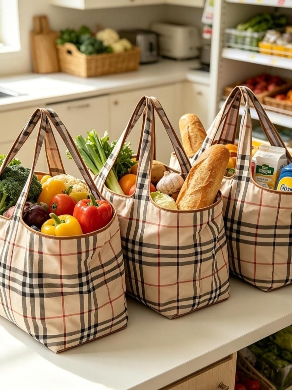 Reusable Plaid Grocery Tote Bag - Beige